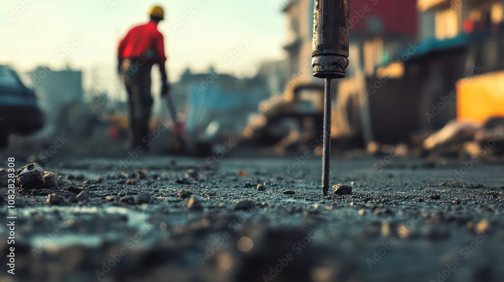 Close-up of a jackhammer drilling into asphalt with a worker in the background. Close-up of a jackhammer drilling into asphalt with a worker in the background.