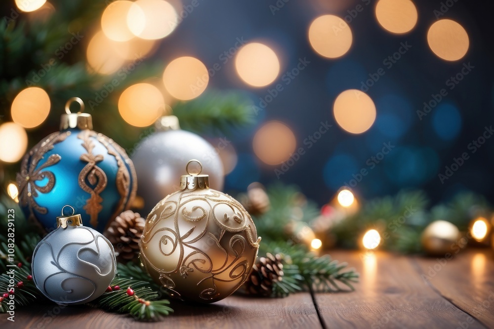 Christmas Tree In Red Shiny Glittering Background - Baubles Hanging On Fir With Abstract Lights