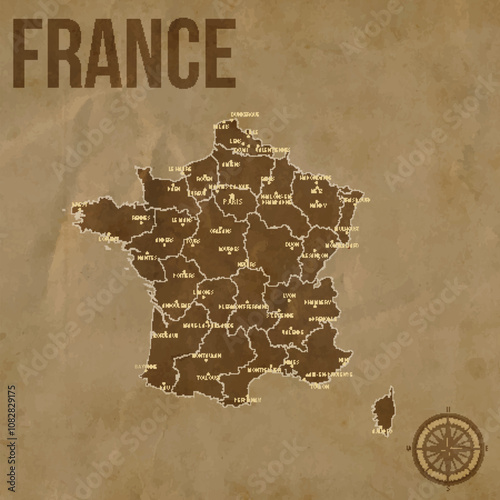 Vintage FRANCE Map with Regions Borders and Major Cities Positions