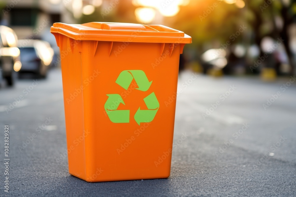 A bright orange recycling bin with a green recycle symbol sits on a sunlit street, promoting eco-friendly waste management. A bright orange recycling bin with a green recycle symbol sits on a sunlit street, promoting eco-friendly waste management.