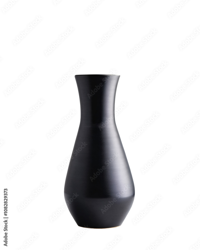 A black matte empty clay vase is in the center of the image on an isolated PNG background. A black matte empty clay vase is in the center of the image on an isolated PNG background.