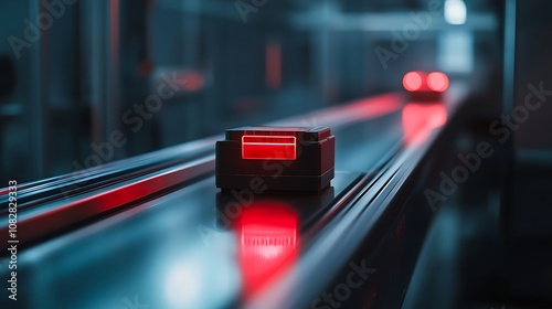 A close-up of a quality control system using AI vision technology to detect defects in a product on a conveyor belt in an automated factory 