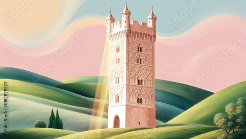 Stylized castle tower rising over rolling hills under a pastel sky with soft sunlight