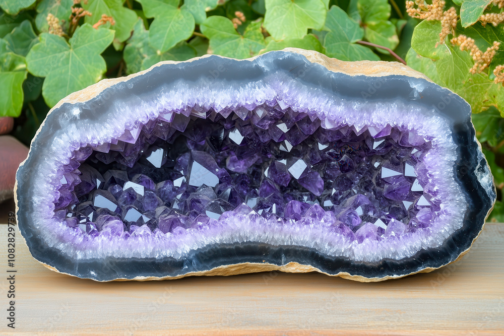 Geode filled with raw amethyst crystals, with their purple color shining from within the rock Geode filled with raw amethyst crystals, with their purple color shining from within the rock