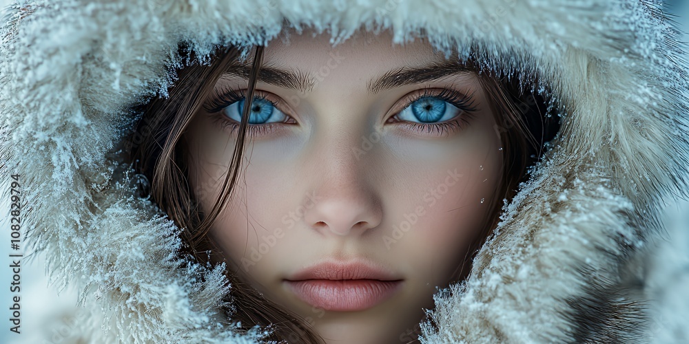 A Young Woman With Striking Blue Eyes is Wrapped in a Snowy, Fur-Lined Hood, Standing in a Winter Wonderland During a Snowy Day, Showcasing Her Beauty Against a Frosty Background A Young Woman With Striking Blue Eyes is Wrapped in a Snowy, Fur-Lined Hood, Standing in a Winter Wonderland During a Snowy Day, Showcasing Her Beauty Against a Frosty Background