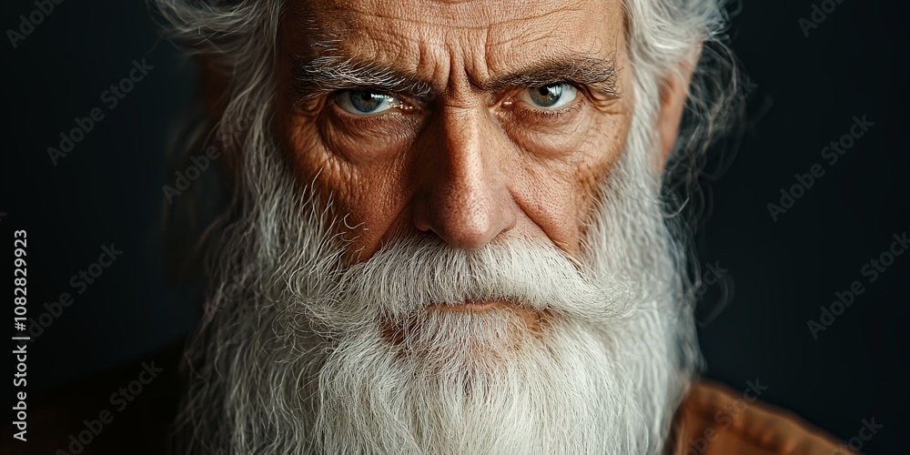 A Close-Up Portrait of an Elderly Man With a Long White Beard and Striking Blue Eyes, Exuding Wisdom and Experience, Against a Dark Background A Close-Up Portrait of an Elderly Man With a Long White Beard and Striking Blue Eyes, Exuding Wisdom and Experience, Against a Dark Background
