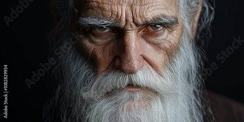 Elderly Man With a Long White Beard and Intense Gaze Looks Directly at the Camera in a Dark Setting, Conveying Wisdom and Experience in a Striking Portrait