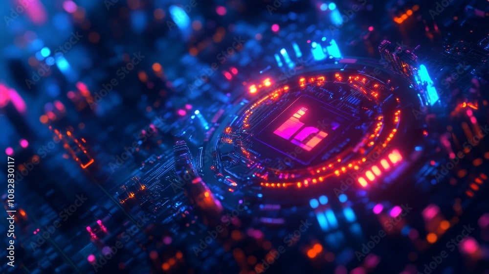 A close-up shot of an advanced microchip on the circuit board, glowing with neon lights, AI Generative A close-up shot of an advanced microchip on the circuit board, glowing with neon lights, AI Generative