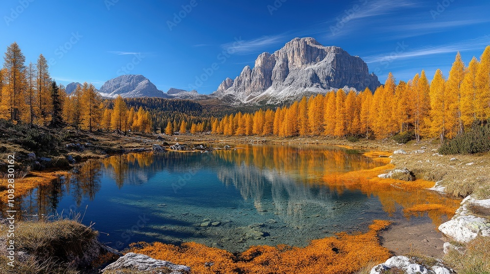 A serene autumn landscape featuring a reflective lake surrounded by vibrant orange trees and mountains. A serene autumn landscape featuring a reflective lake surrounded by vibrant orange trees and mountains.