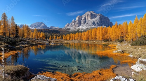 A serene autumn landscape featuring a reflective lake surrounded by vibrant orange trees and mountains.