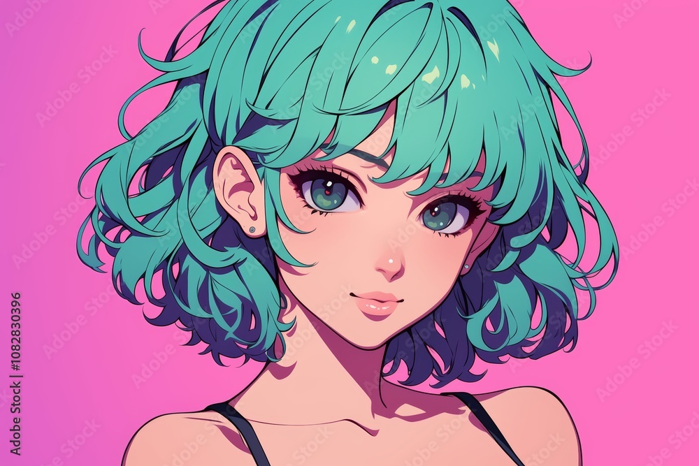 Anime Illustration. Vibrant Anime Portrait of a Girl with Aqua Hair on Pink Background Anime Illustration. Vibrant Anime Portrait of a Girl with Aqua Hair on Pink Background