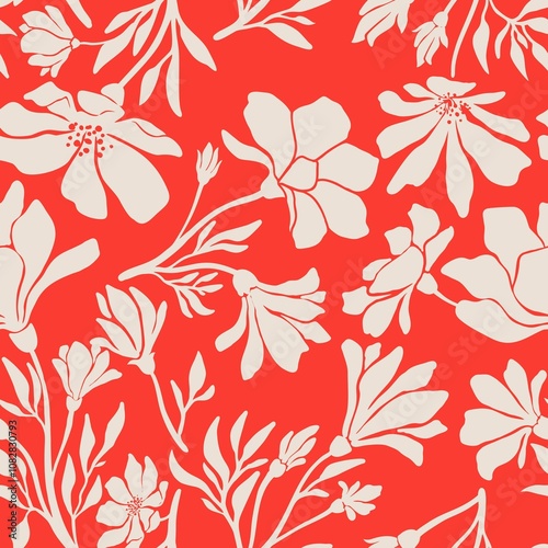 Seamless contrast contrast ink floral concise black and white handmade ink pattern for fabric design, decor, ceramics, greeting cards, trending flowers on bright background