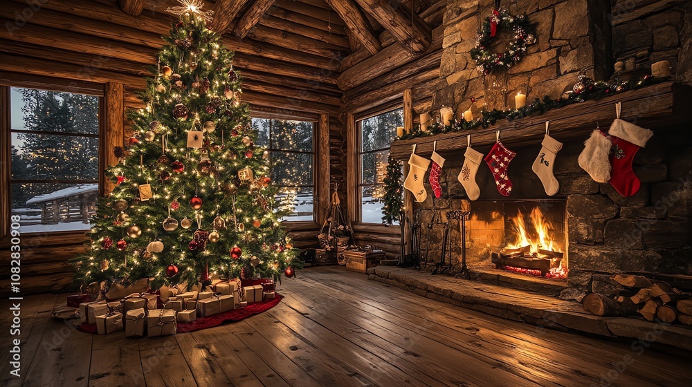 Fototapeta premium cozy and festive Christmas scene inside a rustic log cabin. A beautifully decorated Christmas tree stands tall in the corner