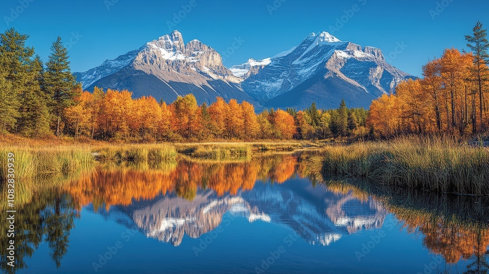 A serene autumn landscape featuring mountains reflected in a calm lake surrounded by vibrant foliage.