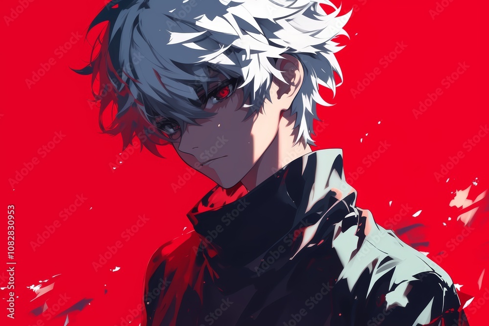 Naklejka premium Anime Illustration. Mysterious Anime Character with White Hair and Intense Red Background