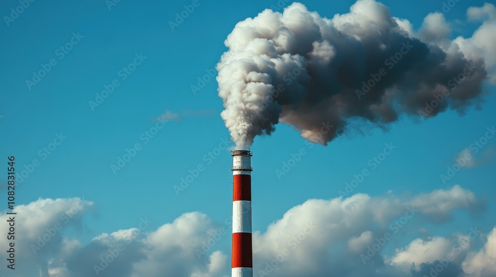 Smoke Plume Emitting from a Tall Red and White Striped Chimney