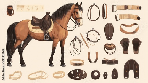 A brown horse with a saddle and other equestrian equipment, including stirrups, reins, and a bridle.