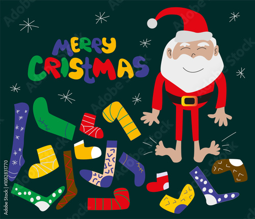 comic New Year greeting card with Santa Claus without boots and a mountain of different and colorful New Year's socks on a dark background with the inscription Merry Christmas, vector illustration