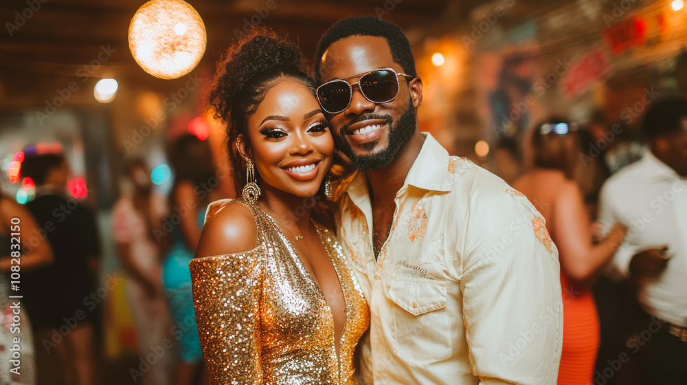 Elegant couple enjoying a party in glamorous attire with sparkling outfits and radiant smiles in a lively celebration atmosphere. Elegant couple enjoying a party in glamorous attire with sparkling outfits and radiant smiles in a lively celebration atmosphere.