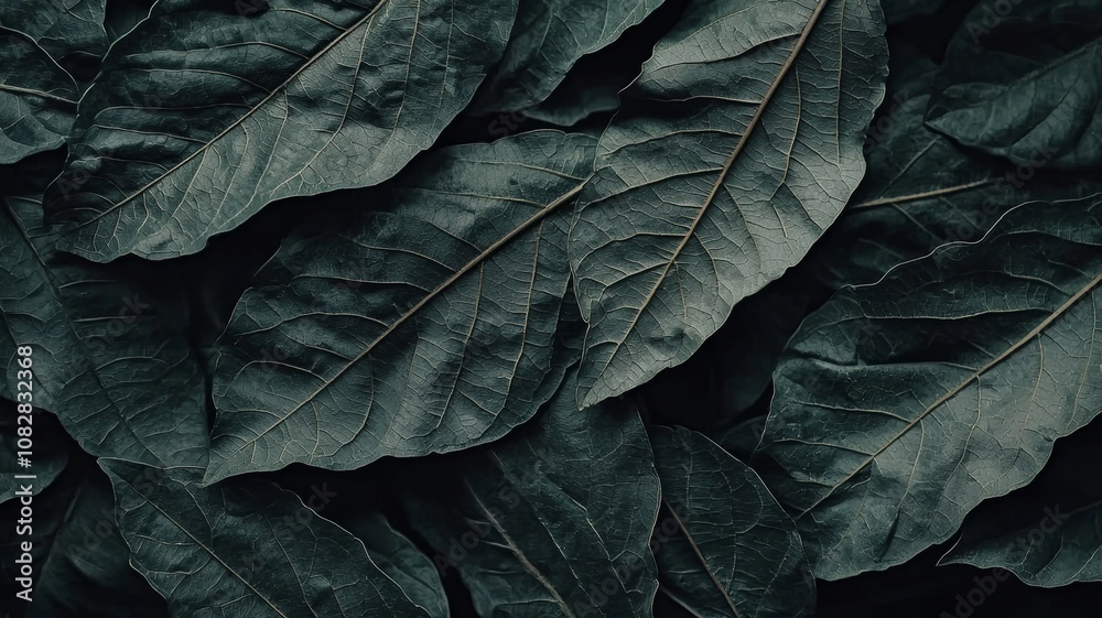 Close-up of dark green textured leaves on black background Close-up of dark green textured leaves on black background