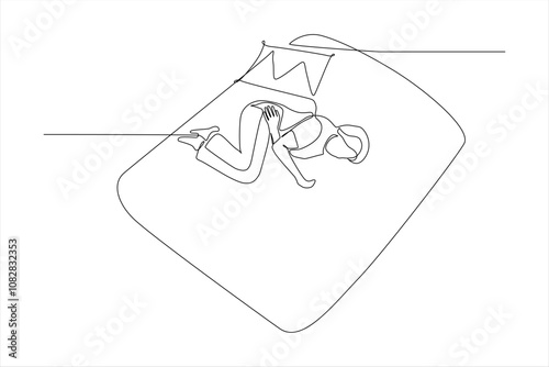 A simple line drawing of a person curled up on a bed, suggesting relaxation or sleep.