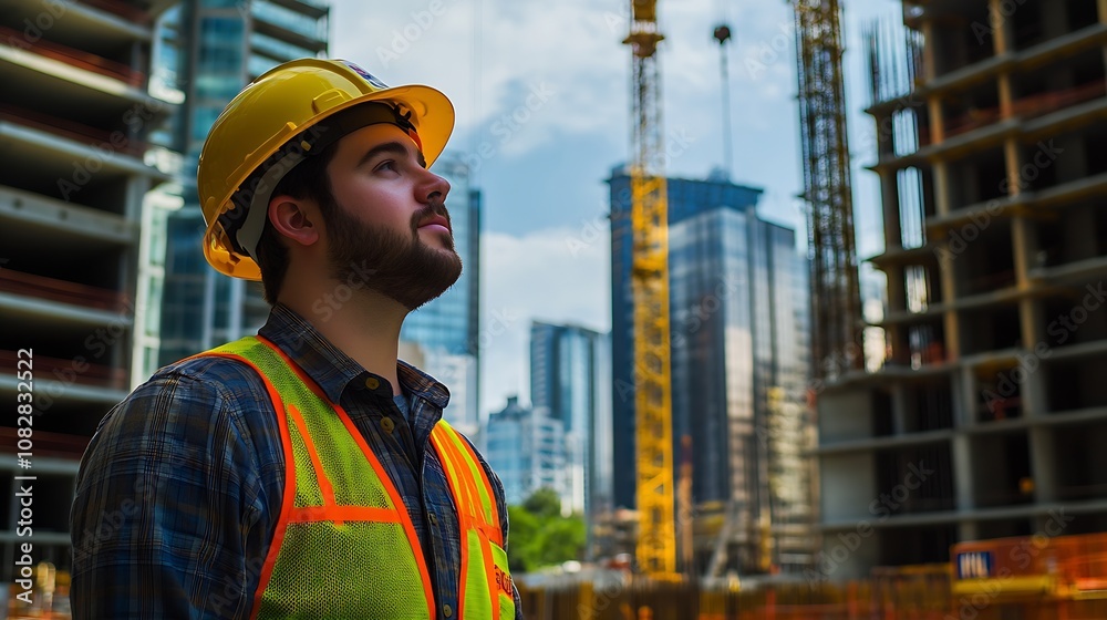 Construction Worker in Hard Hat and Safety Vest in Urban Development Site : Generative AI Construction Worker in Hard Hat and Safety Vest in Urban Development Site : Generative AI