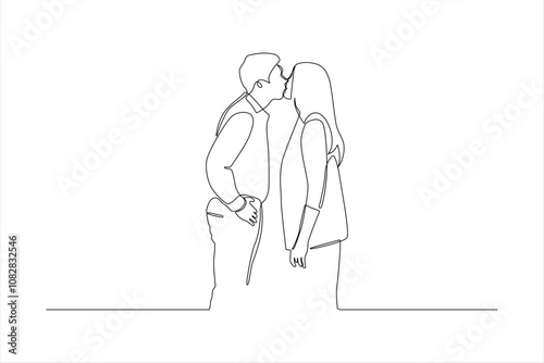 A continuous line drawing of a couple sharing a kiss, symbolizing love and intimacy.