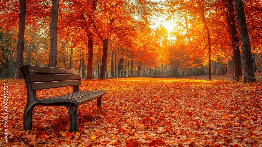 A serene autumn scene with a bench surrounded by vibrant orange leaves and sunlight. A serene autumn scene with a bench surrounded by vibrant orange leaves and sunlight.