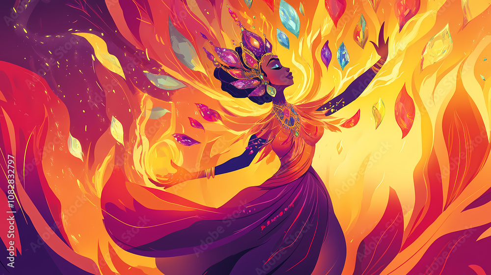 A goddess of fire, adorned with vibrant gemstones and flowing robes, surrounded by playful flames that dance and twirl around her. Divine. Illustration A goddess of fire, adorned with vibrant gemstones and flowing robes, surrounded by playful flames that dance and twirl around her. Divine. Illustration