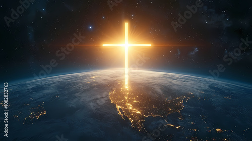 A glowing cross shines brightly above a detailed image of earth, symbolizing hope, faith, spirituality, divine guidance, and the interconnectedness of all life. Divine. Illustration photo