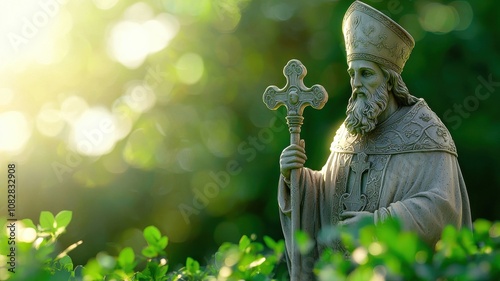 Statue of St. Patrick with Greenery Background photo