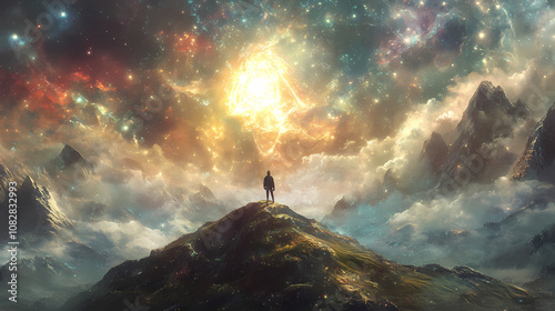 A person standing on a hill overlooking mountains and divine light from heaven. surreal epic 3d landscape. Divine. Illustration photo