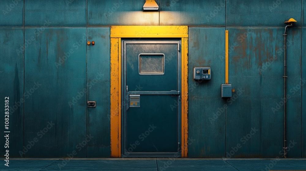 Industrial metal door with yellow frame on blue wall, equipped with a security keypad and light, showcasing minimalistic urban design elements. Industrial metal door with yellow frame on blue wall, equipped with a security keypad and light, showcasing minimalistic urban design elements.