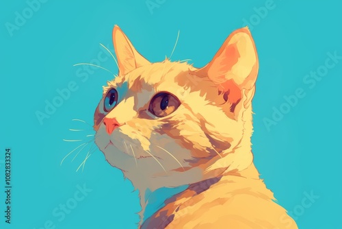 Anime Illustration. Illustrated Portrait of a Cat with Blue Background photo