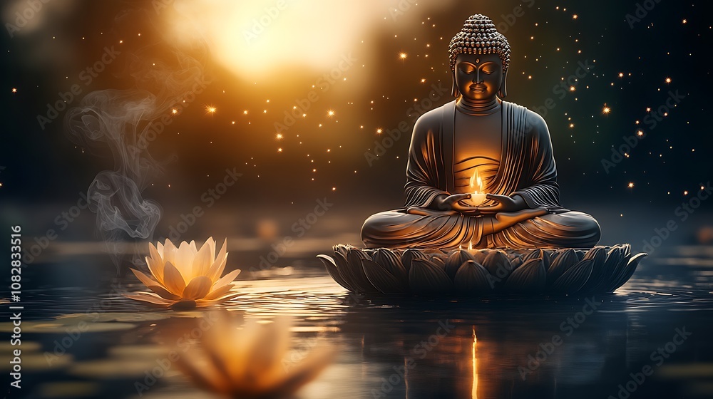Serene Buddha Statue with Candlelight Amid Floating Lotus Flowers at Dusk in Mystical Atmosphere : Generative AI Serene Buddha Statue with Candlelight Amid Floating Lotus Flowers at Dusk in Mystical Atmosphere : Generative AI