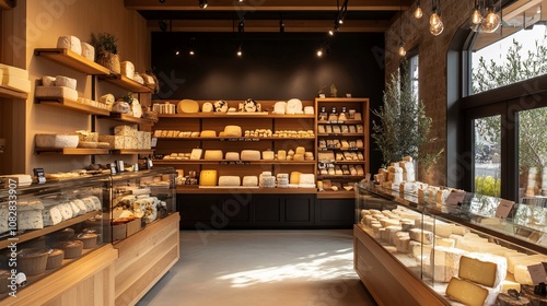 A well-lit cheese shop with wooden shelves stocked with various cheese varieties and other gourmet food items.