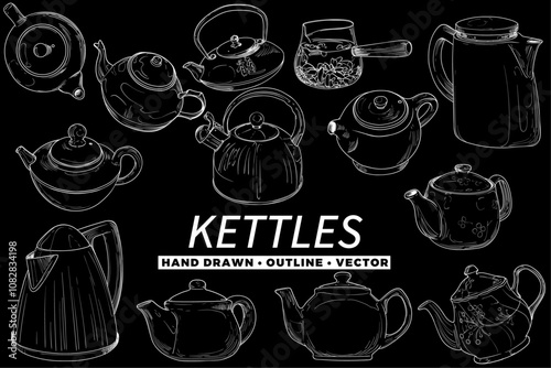 Vector hand drawn kettles collection. Outline kitchenware for coffee or tea menus. Isolated tea pots on black background. Illustration is outline only.
