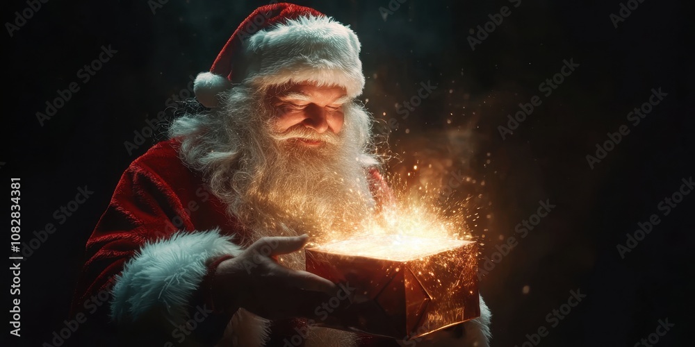 Realistic photograph of Santa Claus opening a magical, glowing gift box, against a solid background Generative AI Realistic photograph of Santa Claus opening a magical, glowing gift box, against a solid background Generative AI