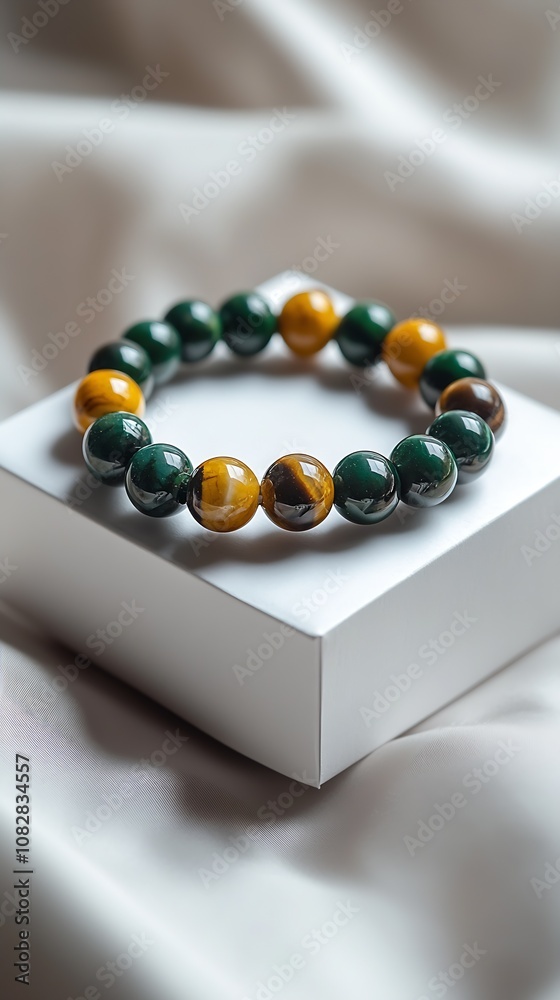 Elegant Natural Stone Bead Bracelet on Chic White Display Surface : Generative AI Elegant Natural Stone Bead Bracelet on Chic White Display Surface : Generative AI