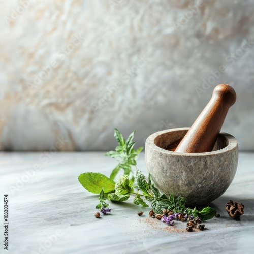 Grinding Spices with Herbal Leaves in Natural Light