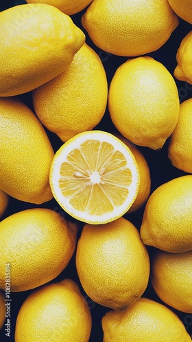 Many whole lemons with one sliced lemon in the center, showcasing their vibrant yellow color and fresh, juicy texture