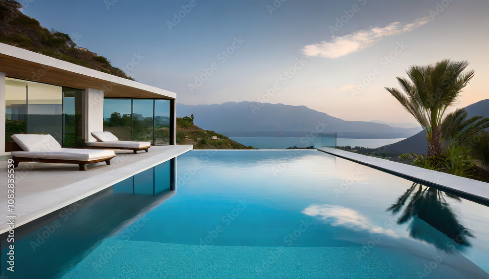 Luxury infinity pool with lounge chairs overlooking a serene lake and mountains at sunset Luxury infinity pool with lounge chairs overlooking a serene lake and mountains at sunset