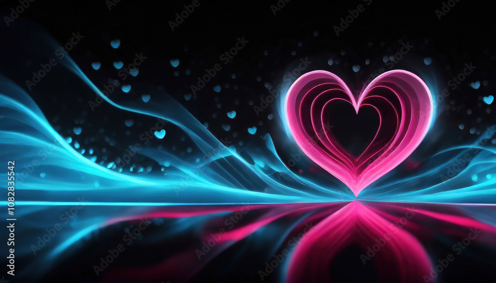 Digital art of a heart shape with neon blue and pink lights swirling in a dark background Digital art of a heart shape with neon blue and pink lights swirling in a dark background
