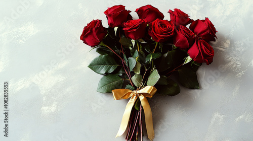 A bouquet of red roses tied with a gold ribbon lies on a textured surface. Concept of love, romance, and elegance. photo