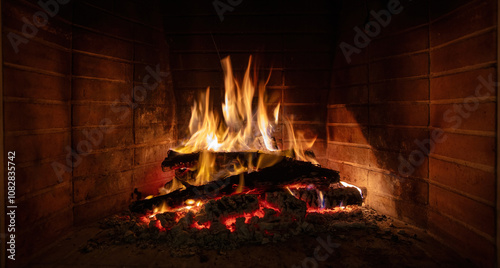 Fire flames, wood burning in fireplace. Warm home in winter, heat. Christmas holiday