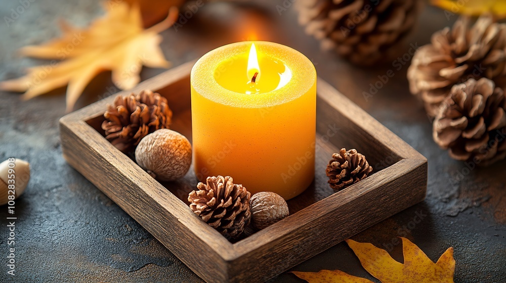 Warm Autumn Decor with Festive Candle Acorns and Rustic Pinecones in Tray : Generative AI Warm Autumn Decor with Festive Candle Acorns and Rustic Pinecones in Tray : Generative AI
