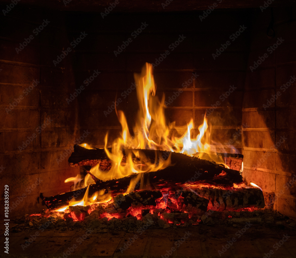 Fire flames, wood burning in fireplace. Warm home in winter, heat. Christmas holiday Fire flames, wood burning in fireplace. Warm home in winter, heat. Christmas holiday