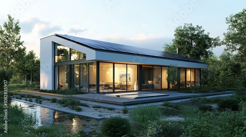 A family's sustainable home at dusk, softly lit by energy-efficient LED lights powered by home-installed solar panels, showcasing the practical, everyday applications of solar energy in residential ..