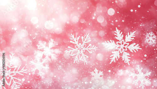 Snow-covered pink background with gentle white snowflakes, creating a sweet Christmas winter design. The pink hue adds a soft, festive charm. 