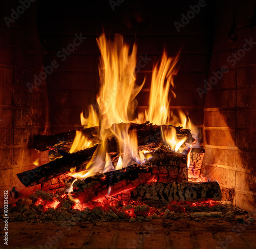 Fireplace burning, wood logs and bright flames. Warm home, heat. Christmas holiday